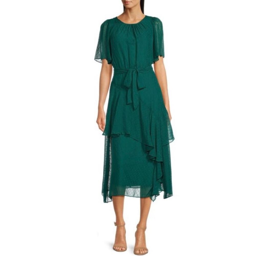 Maison Tara Flutter Sleeve Clip Dot Ruffled Front Layered Midi Dress